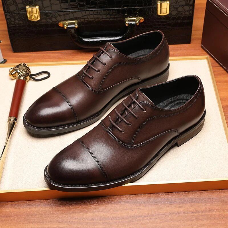 日系软底商务真皮正装皮鞋男士尖头系带婚鞋三接头牛津鞋英伦青年