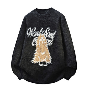 宽松潮牌圆领针织衫 秋冬季 提花加厚毛线衣 复古毛衣男士 马海毛美式