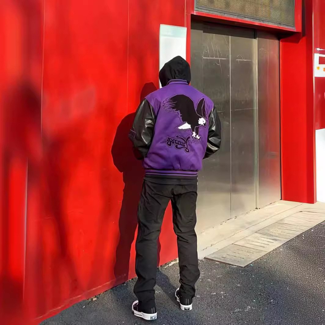 美式复古黑紫拼接刺绣棒球服男女款春秋休闲宽松潮牌明星同款夹克