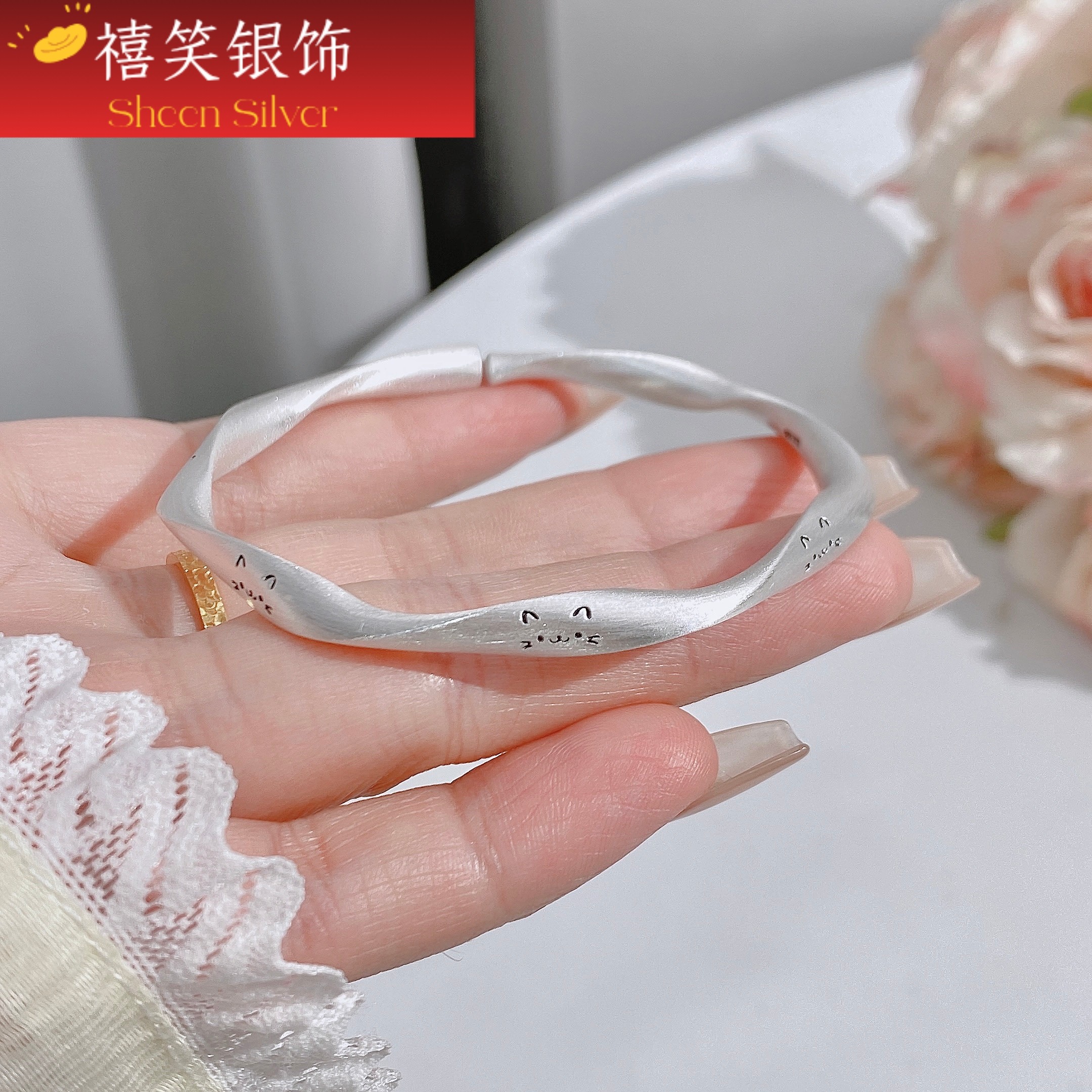 足银999可爱猫咪笑脸手镯女古法莫比乌斯手镯手环银手镯女友闺蜜,饰品/流行首饰/时尚饰品新,银饰手镯,淘宝优惠券,粉丝福利购,淘宝优惠卷