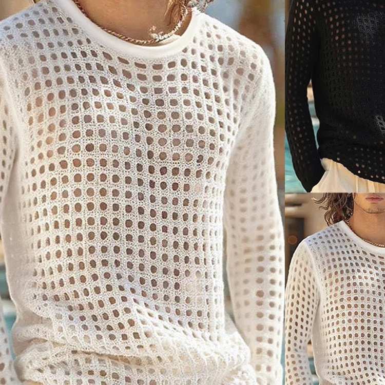 欧美性感镂空针织衫男网眼透视宽松长袖罩衫大网孔网格叠穿羊毛衫
