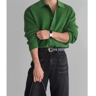 绿色包芯纱针织开衫男美式翻领排扣卫衣休闲工装夹克羊毛衫薄外套