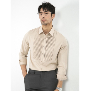 高级感风琴褶皱衬衫男英伦轻奢修身长袖塔士多礼服衬衣工装寸衫潮