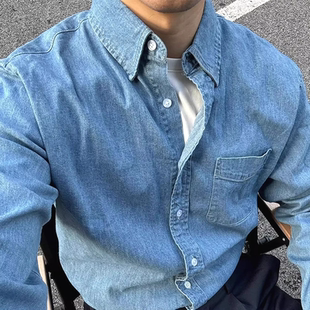 复古水洗做旧浅蓝牛仔衬衫 休闲工装 男经典 长袖 衬衣外套 口袋款 美式