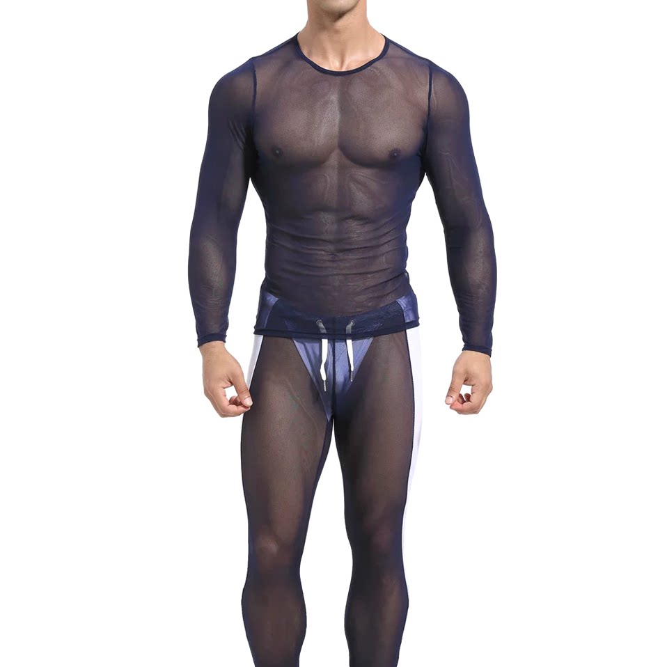 性感透视网纱t恤男丝滑莫代尔弹力紧身衣轻薄莱塞尔天丝长袖罩衫