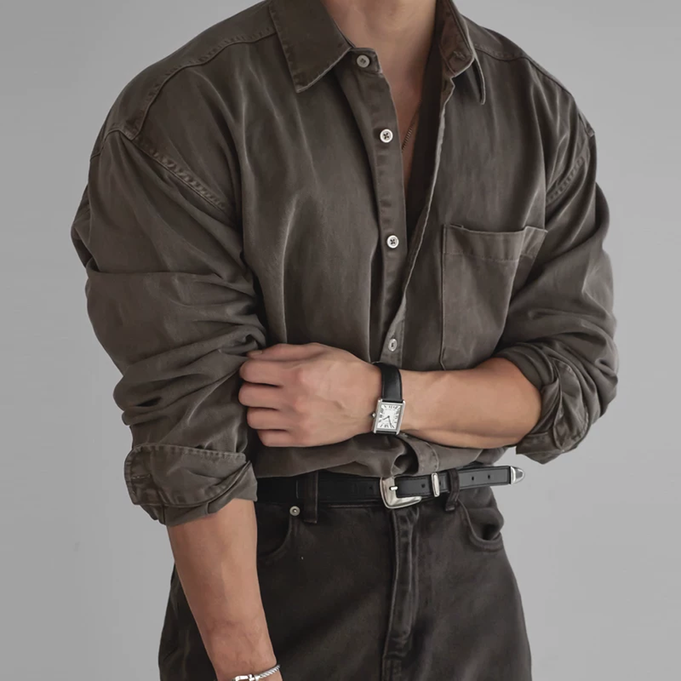 棕色棉麻衬衫硬汉风休闲工装长袖