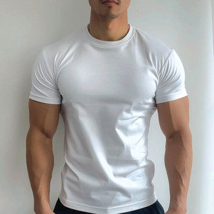 美式硬汉风收袖口t恤男紧身弹力三分短袖小领口冰丝棉速干运动衫