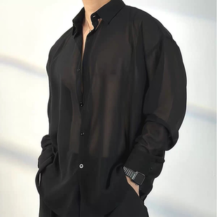 液氨凉薄冰丝衬衫男硬汉风宽松长袖防晒开衫健身运动免烫速干衬衣