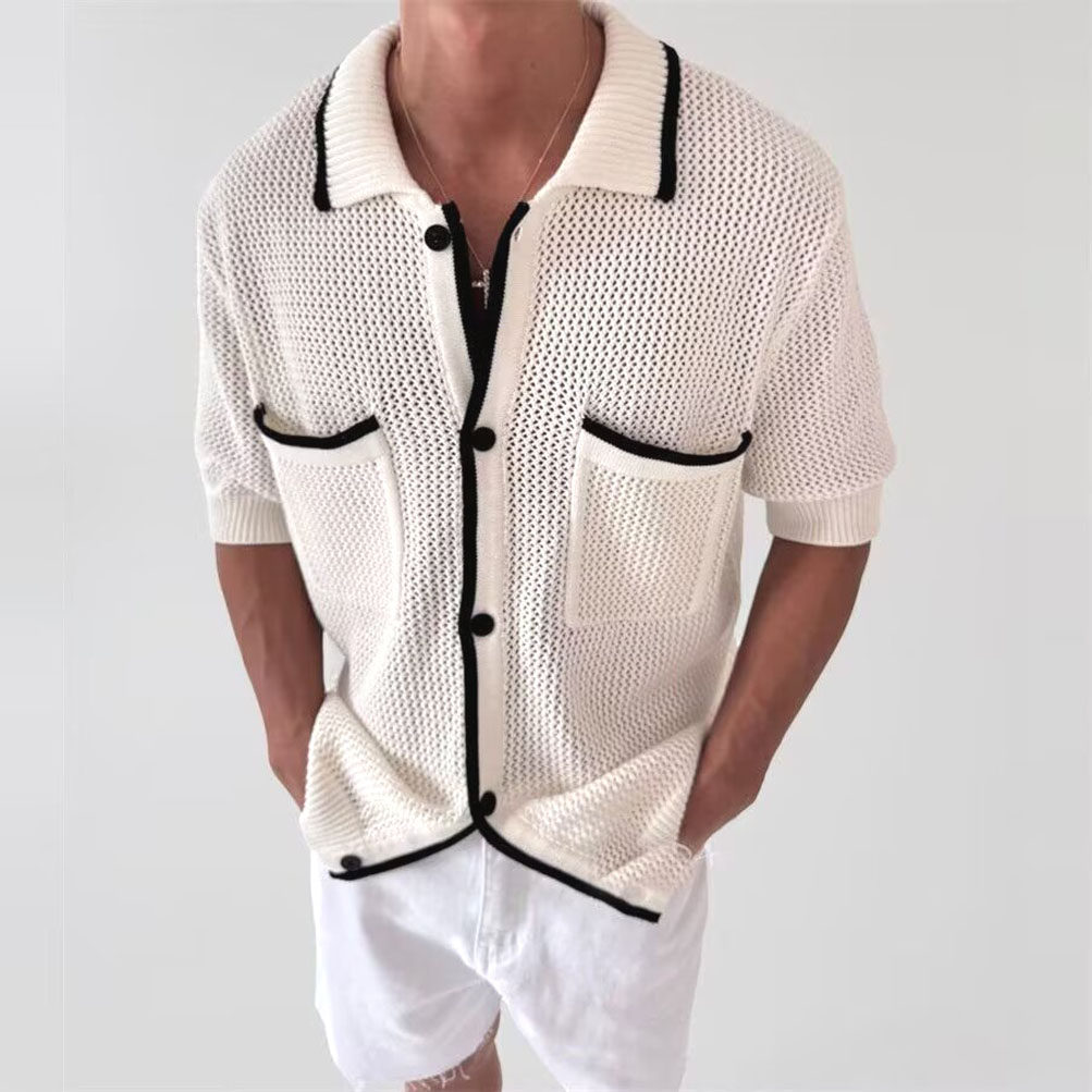 欧货镂空针织开衫男拼接撞色短袖翻领卫衣外套松弛感透视工装衬衣