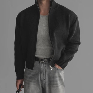 美式双拉链包芯纱针织开衫男立领修身长袖卫衣外套中高领羊毛夹克