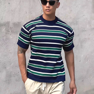束腰丝光棉冰丝海魂衫 欧美潮牌条纹针织衫 卫衣紧袖 男圆领修身 短袖