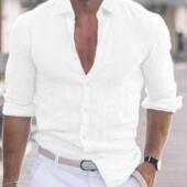 休闲工装 欧美棉麻白衬衫 亚麻透气防晒衣开衫 长袖 衬衣 男高级感修身