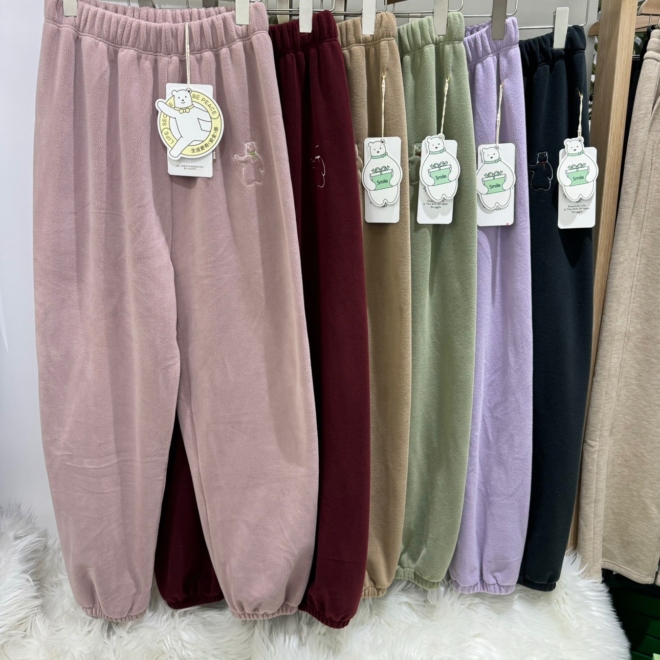 朵木2603秋冬小熊裤可外穿暖暖裤松紧腰外层短毛内里长毛裤居家裤