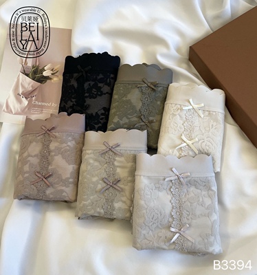 贝莱娅3394高腰蕾丝微收腹女士内裤性感舒适抗菌桑蚕丝底裆三角裤