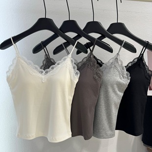 黛美芮2035早春蕾丝珍珠蛋白螺纹吊带背心一体式 V领性感内搭内衣