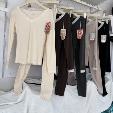 古妃8037蕾丝V领绵羊毛桑蚕丝加厚暖绒保暖内衣套装秋衣秋裤女