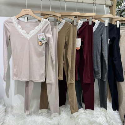 米娅林8130薄款蕾丝V领羊毛蚕丝保暖内衣修身打底套装秋衣秋裤女