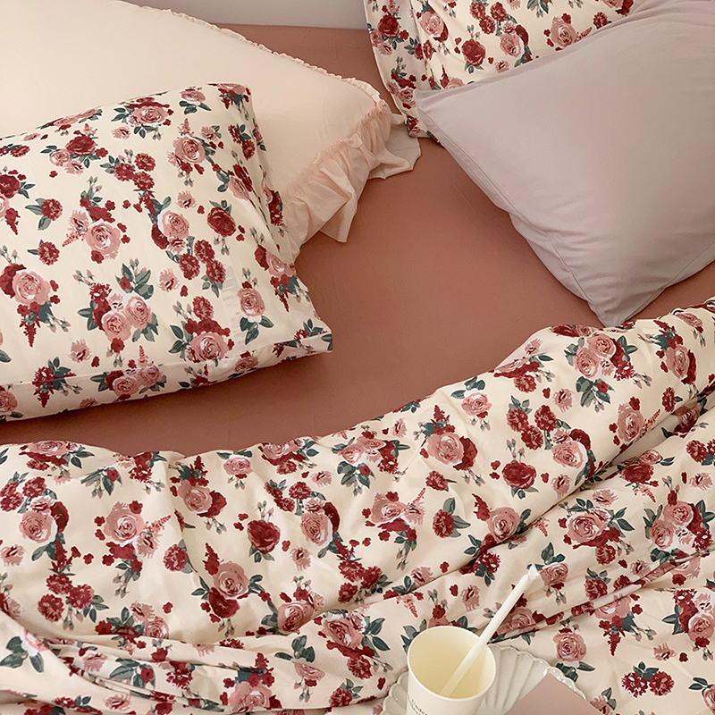 法式花卉天竺棉四件套 A类新疆棉裸睡全棉床笠式针织床品4件套