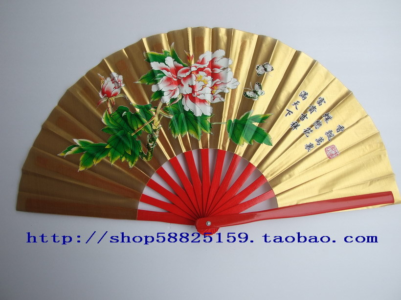 大红色竹骨金色太极扇 全竹子功夫扇 牡丹扇 武术表演扇 木兰响扇图片