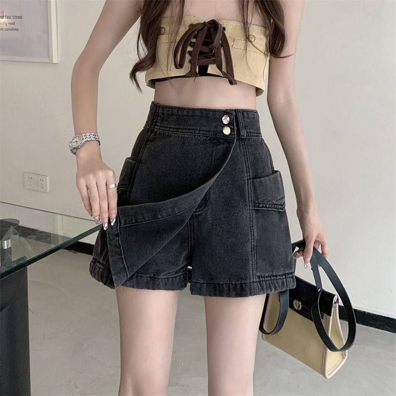 高腰不规则牛仔短裙女夏薄款大码胖mm显瘦防走光阔腿a字半身裙裤