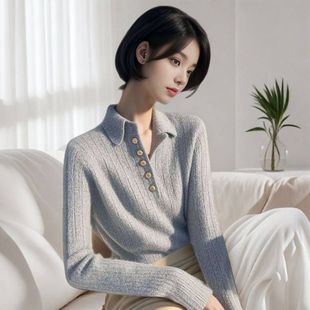 高级感超好看灰色翻领毛衣女秋冬慵懒风软糯内搭外穿针织上衣 冬季