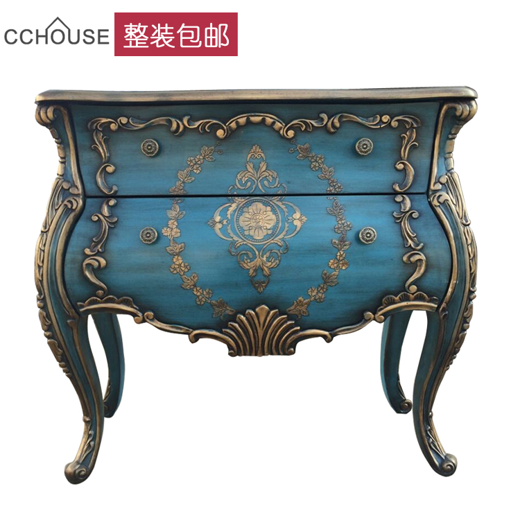 美欧式玄关门厅柜实木复古做旧斗柜手绘装饰走廊柜美式间厅柜蓝色