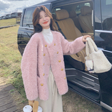 浅粉色小香风双排扣羊羔毛外套皮毛一体女冬季2025新款超好看棉服，女装短外套，2C176