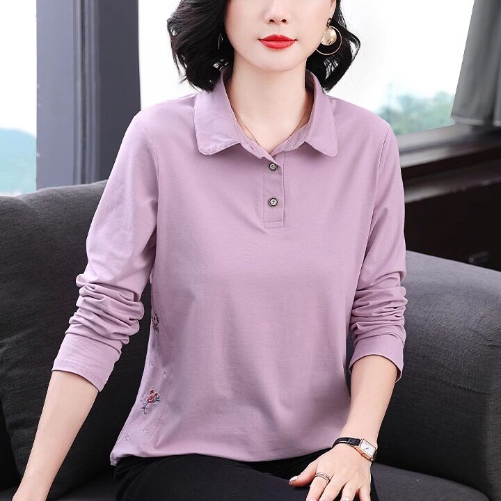 妈妈翻领长袖春季中老年装休闲薄款T恤韩版春款百搭宽松女士上衣