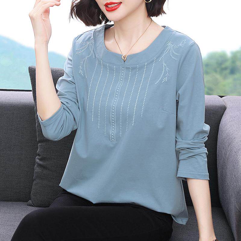 纯棉长袖T恤女春装新款中老年人妈妈宽松上衣休闲外穿春款打底衫