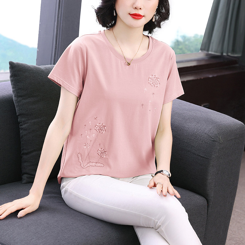 洋气妈妈纯棉短袖t恤女夏装新款宽松刺绣花中老年女装小衫上衣女
