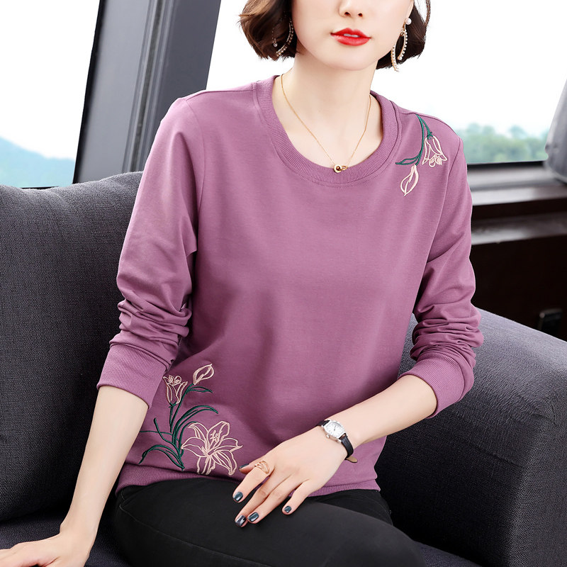 纯棉长袖T恤漂亮中老年妈妈春季装时尚上衣休闲遮肚子女士打底衫