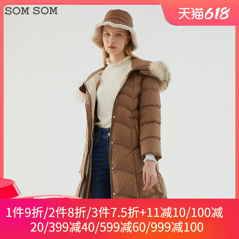 SOMSOM/索玛毛领鹅绒羽绒服女冬季时尚长款过膝保暖加厚连帽外套