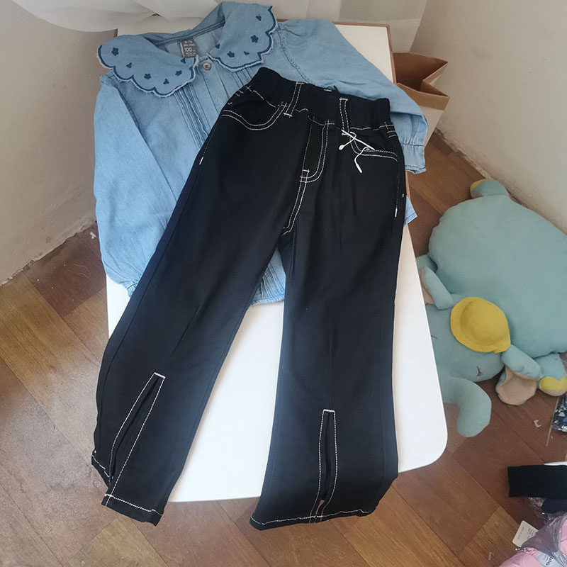 清货款女童秋款纯黑休闲裤下摆开叉喇叭裤百搭牛仔裤100-140