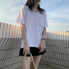 宽松t恤女韩版慵懒风侧边开叉短袖上衣bf风纯白色V领口袋大码夏装