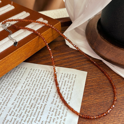 天然橙色芬达石榴石小方块项链 baby珠叠戴锁骨链女 925银延长链