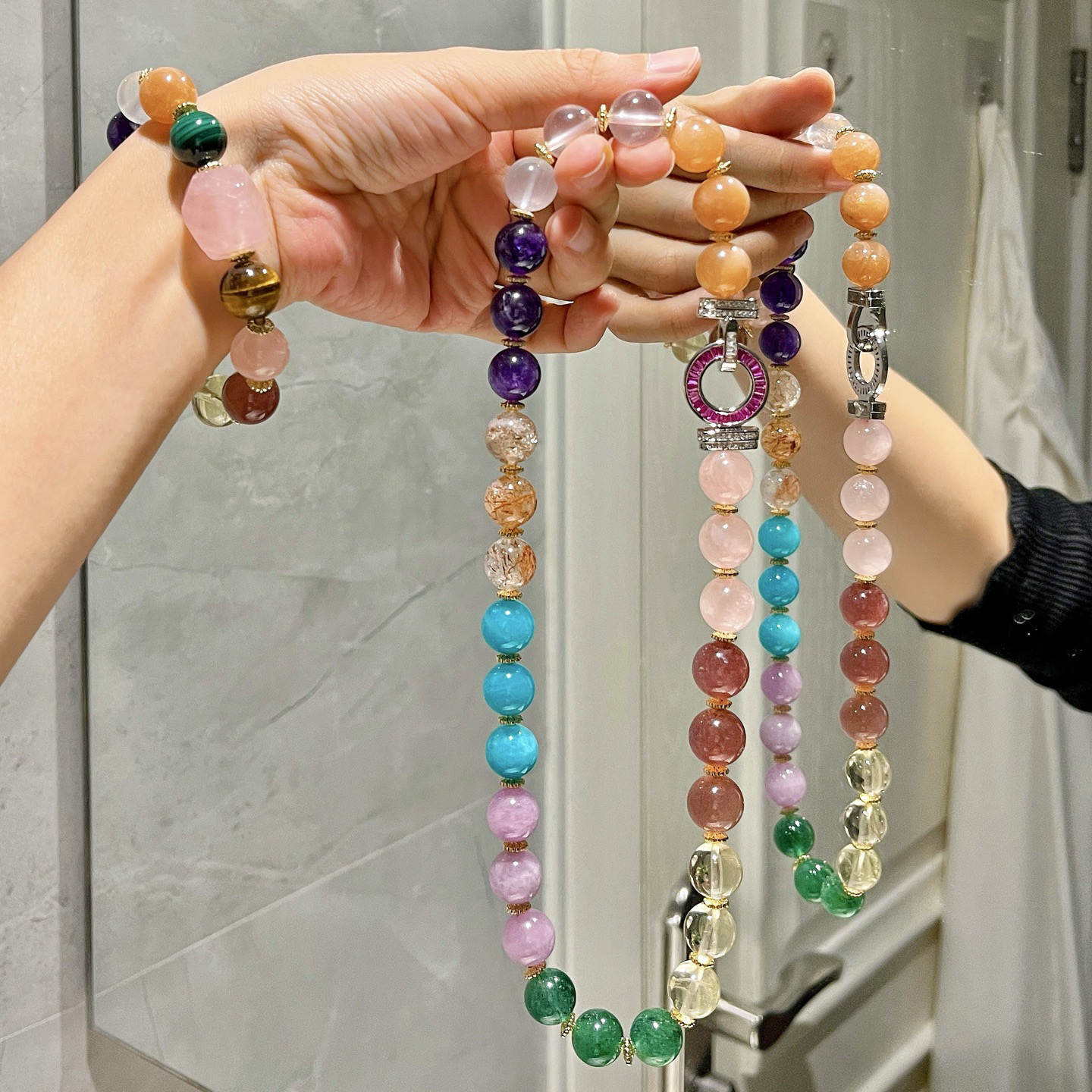 原创～12mm天然紫水晶柠檬黄紫锂辉天河石黑金超七多宝水晶项链
