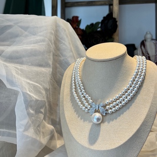 天然深海贝珠双层项链短款 链甜美可爱蝴蝶结扣仿珍珠 颈链晚装
