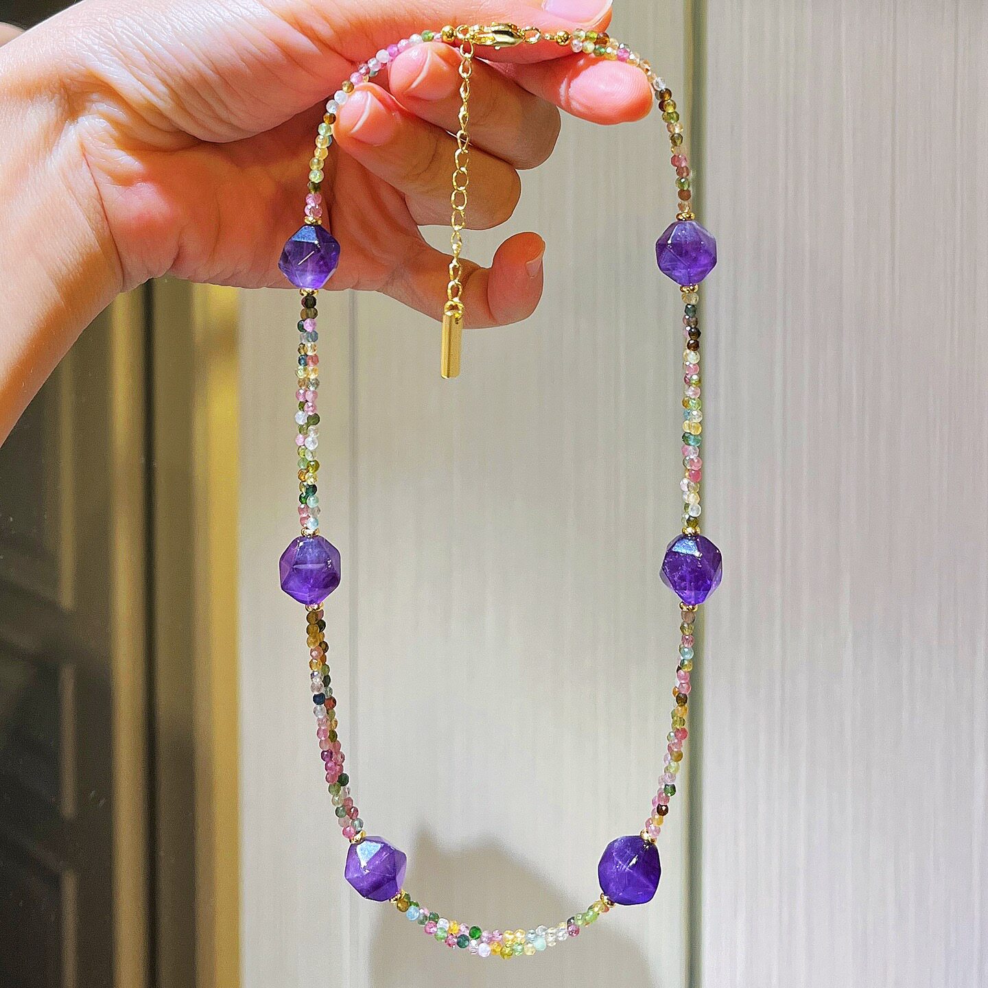 原创紫水晶混搭糖果色碧玺串珠锁骨链小众轻奢百搭日常通勤首饰