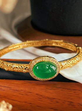 皇家风范 奢华古董风 天然绿玉髓手镯开口活圈黄金色复古掐丝手镯