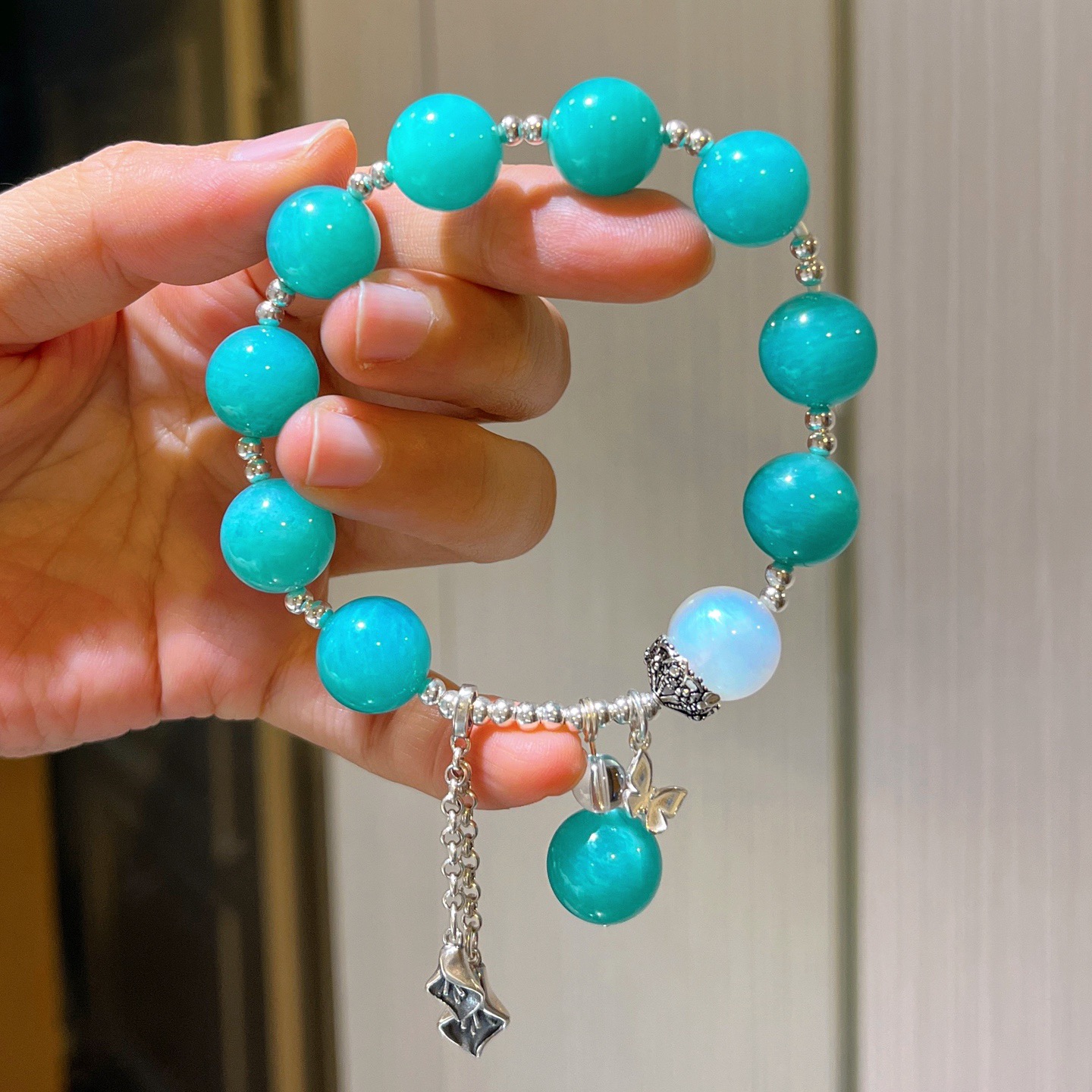 925银复古民族风12mm天然天河石月光石手链手串波西米亚旅游饰品