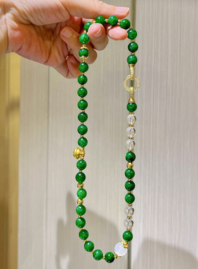 原创复古绿色串珠项链翡翠色石英岩天然白水晶设计感项链锁骨链
