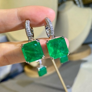 晶体通透 极简主义仿真花园宝石祖母绿小方块耳钉绿色几何耳坠