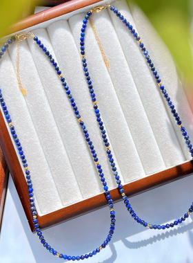 高品质天然青金石锁骨链925银镀金隔珠小米珠项链baby叠戴锁骨链