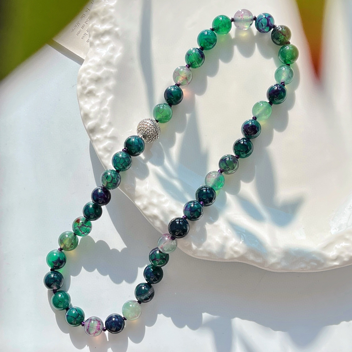 森林绿色满钻钻石球扣10mm龙纹玛瑙项链彩虹色圆珠颈链颗颗打结女