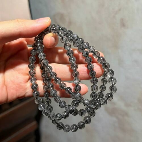 高品质天然黑发晶多圈手串 透体黑发丝水晶圆珠手链女款三圈佛珠
