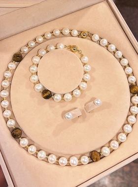 天然淡水珍珠虎眼石拼接长项链复古高级感颈链日常穿搭毛衣链新款