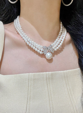 高级感设计款三层正圆贝珠项链仿珍珠项链颈链晚装链礼服晚宴链