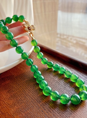 高品质12mm绿玉髓项链玻璃体正阳绿帝王绿媲美翡翠串珠项链银扣