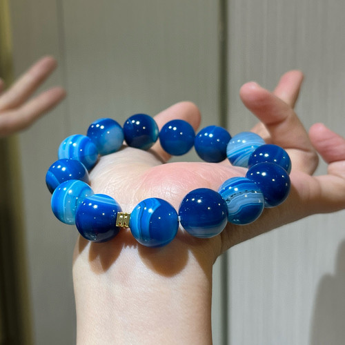 14mm蓝纹玛瑙玉髓手链高级感蓝色串珠手串单圈简约新款水晶手链