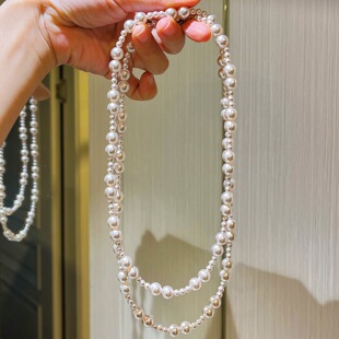 长款双层干枯玫瑰人造水晶珍珠毛衣链礼服项链女配饰叠戴2026新款